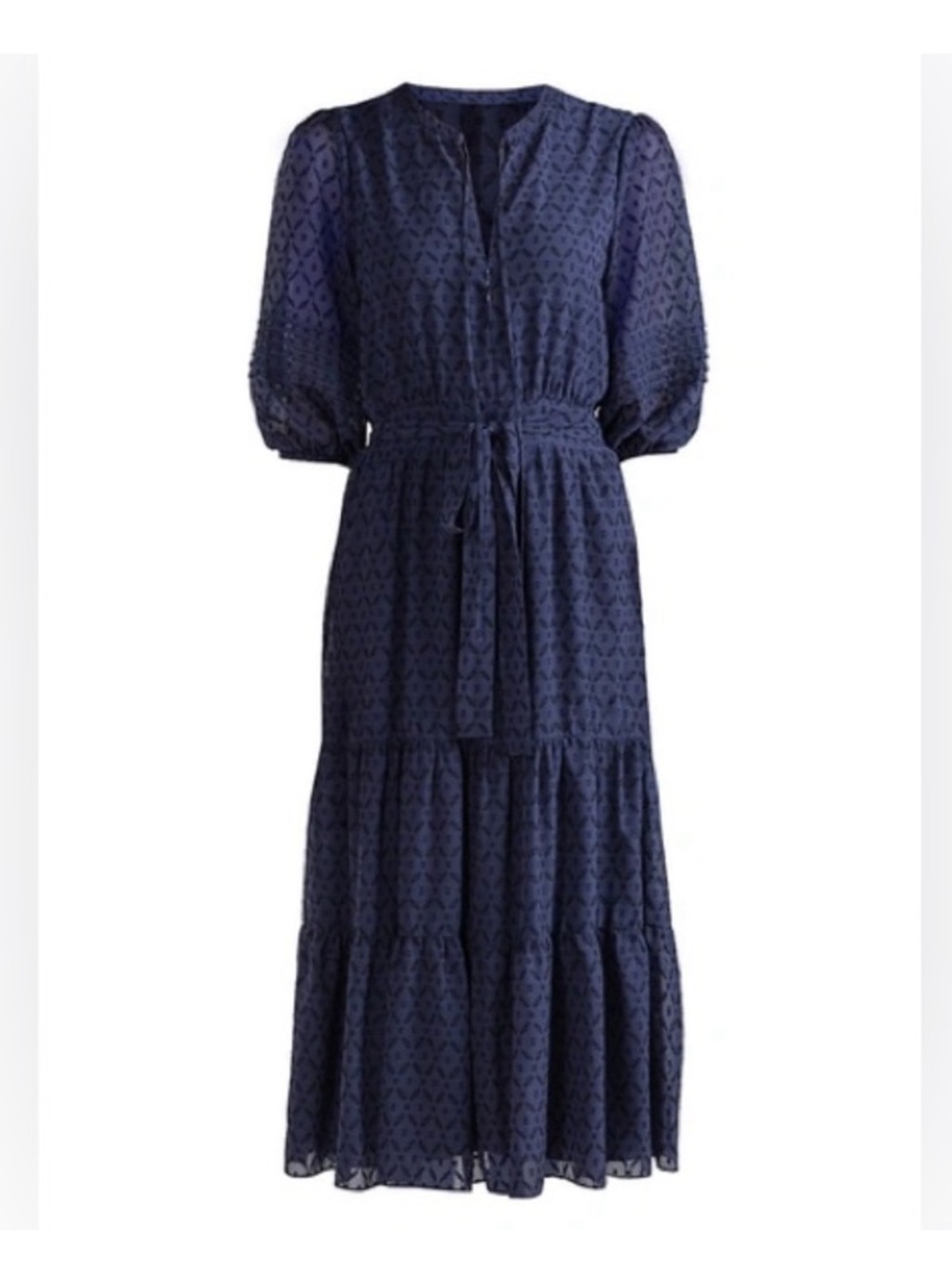 Shoshanna Navy Textured Puff-Sleeve Tiered Maxi Dress